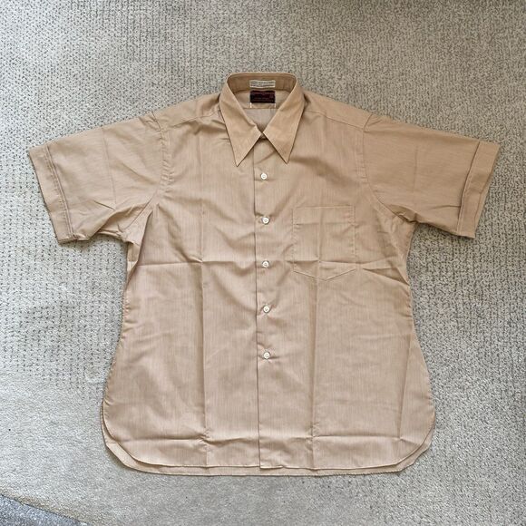 Vintage 60s Deadstock Beige Sharkskin Shirt Large Short Sleeve Prep Trad Mod - Picture 2 of 8